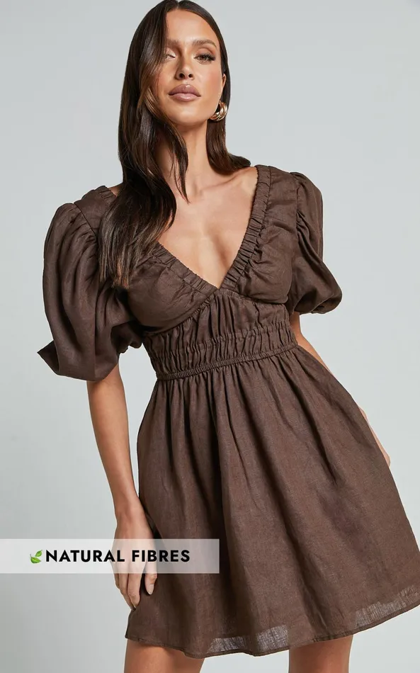 Showpo Amalie The Label 8211 Khaila Linen Plunge Puff Sleeve Mini Dress In Chocolate Women Dresses Showpo Amalie The Label 8211 Khaila Linen Plunge Puff Sleeve Mini Dress In Chocolate Women Dresses