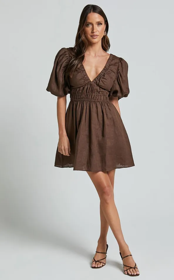 Showpo Amalie The Label 8211 Khaila Linen Plunge Puff Sleeve Mini Dress In Chocolate Women Dresses