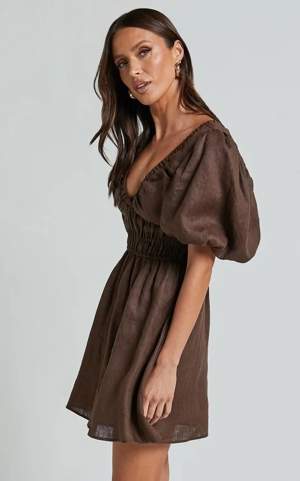 Showpo Amalie The Label 8211 Khaila Linen Plunge Puff Sleeve Mini Dress In Chocolate Women Dresses
