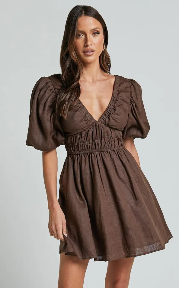 Showpo Amalie The Label 8211 Khaila Linen Plunge Puff Sleeve Mini Dress In Chocolate Women Dresses