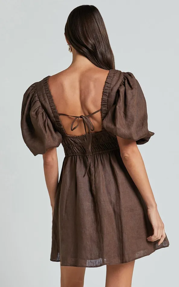 Showpo Amalie The Label 8211 Khaila Linen Plunge Puff Sleeve Mini Dress In Chocolate Women Dresses