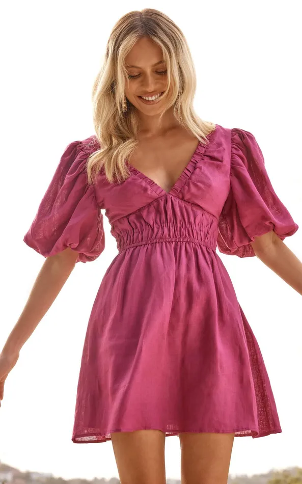 Showpo Amalie The Label 8211 Khaila Linen Plunge Puff Sleeve Mini Dress In Mulberry Women Dresses Showpo Amalie The Label 8211 Khaila Linen Plunge Puff Sleeve Mini Dress In Mulberry Women Dresses