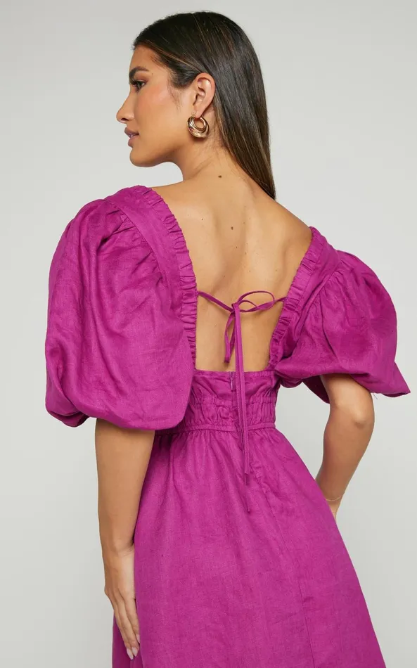 Showpo Amalie The Label 8211 Khaila Linen Plunge Puff Sleeve Mini Dress In Mulberry Women Dresses