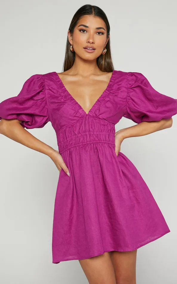 Showpo Amalie The Label 8211 Khaila Linen Plunge Puff Sleeve Mini Dress In Mulberry Women Dresses