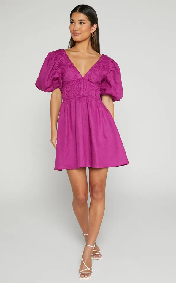 Showpo Amalie The Label 8211 Khaila Linen Plunge Puff Sleeve Mini Dress In Mulberry Women Dresses