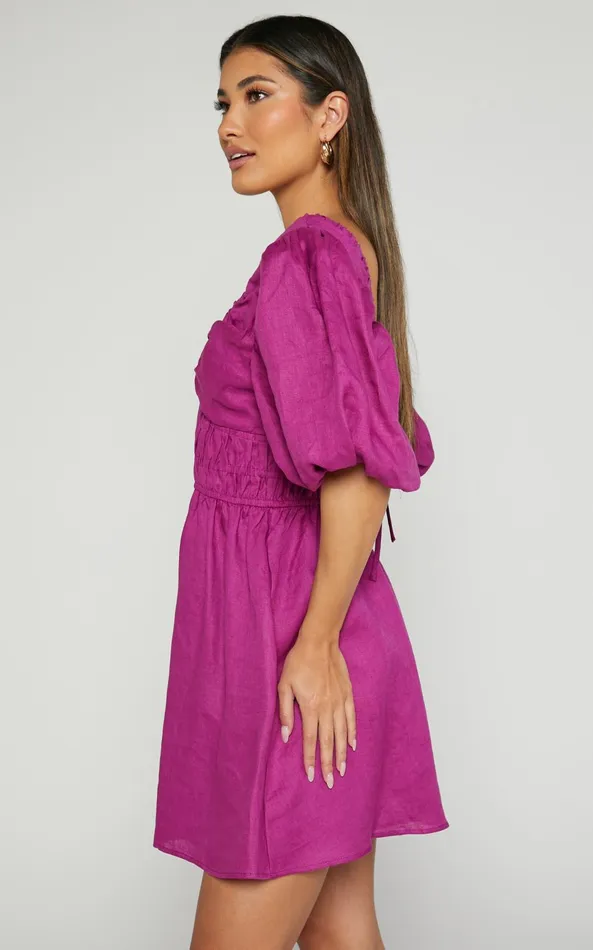 Showpo Amalie The Label 8211 Khaila Linen Plunge Puff Sleeve Mini Dress In Mulberry Women Dresses