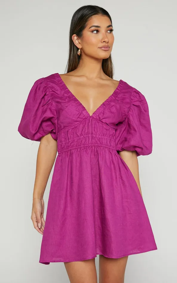 Showpo Amalie The Label 8211 Khaila Linen Plunge Puff Sleeve Mini Dress In Mulberry Women Dresses