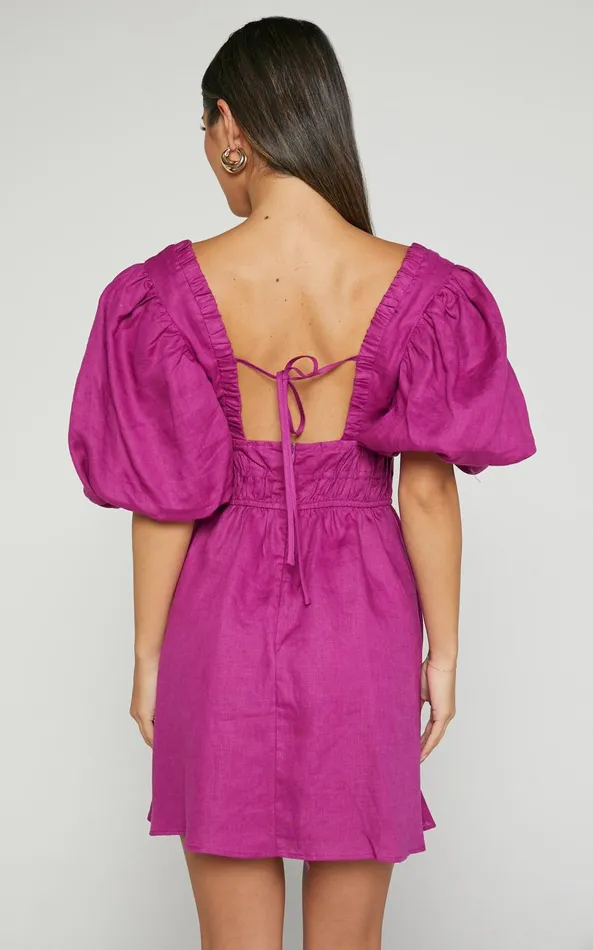 Showpo Amalie The Label 8211 Khaila Linen Plunge Puff Sleeve Mini Dress In Mulberry Women Dresses