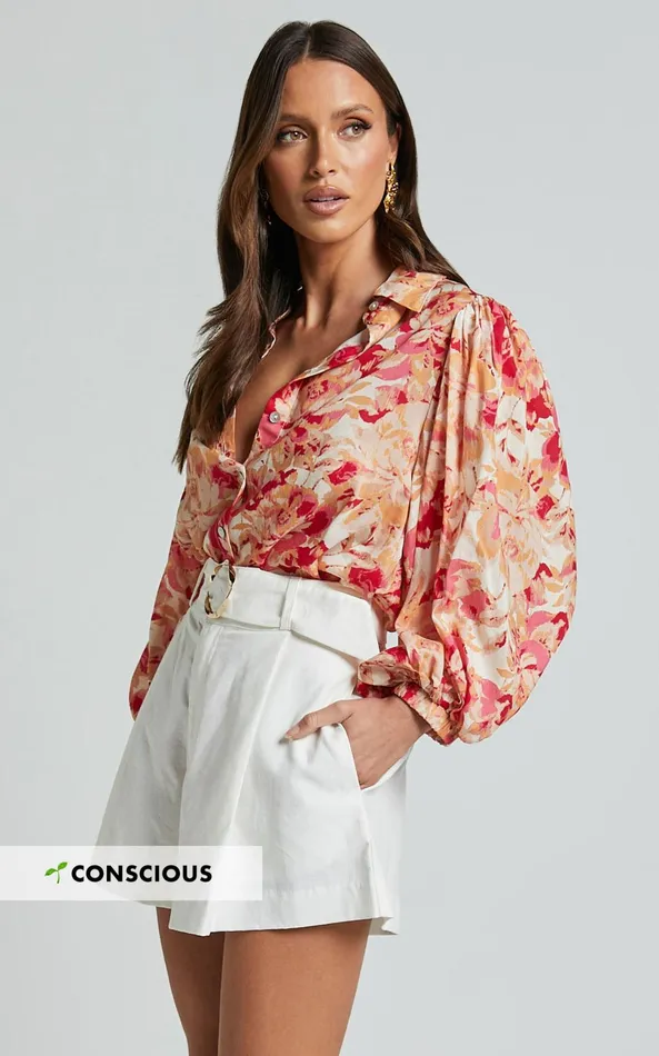 Showpo Amalie The Label 8211 Kimmella Linen Blend Puff Sleeve Shirt In Sienna Print Women Tops Showpo Amalie The Label 8211 Kimmella Linen Blend Puff Sleeve Shirt In Sienna Print Women Tops