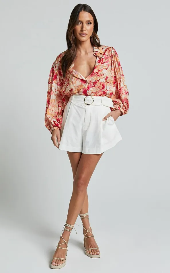 Showpo Amalie The Label 8211 Kimmella Linen Blend Puff Sleeve Shirt In Sienna Print Women Tops
