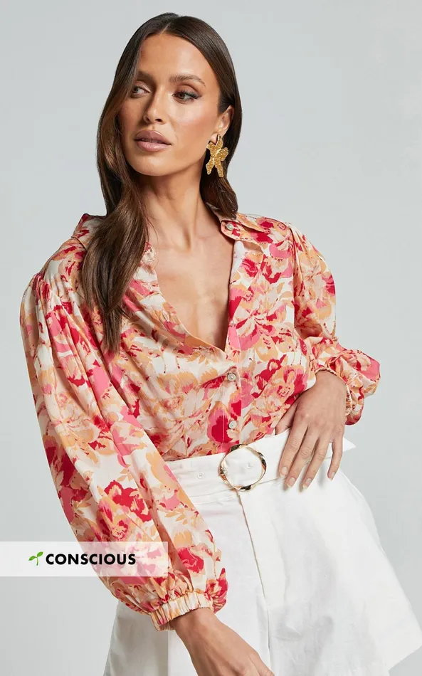 Showpo Amalie The Label 8211 Kimmella Linen Blend Puff Sleeve Shirt In Sienna Print Women Tops