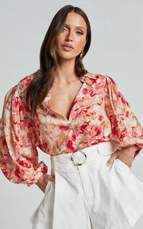 Showpo Amalie The Label 8211 Kimmella Linen Blend Puff Sleeve Shirt In Sienna Print Women Tops