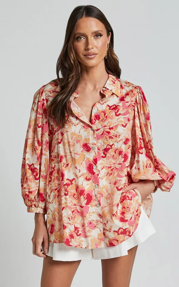 Showpo Amalie The Label 8211 Kimmella Linen Blend Puff Sleeve Shirt In Sienna Print Women Tops