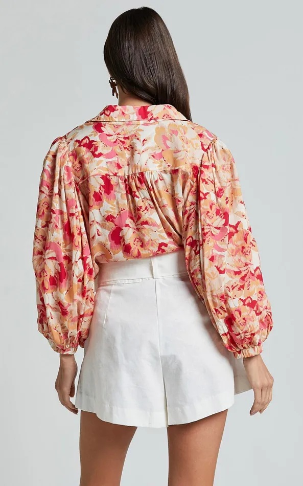 Showpo Amalie The Label 8211 Kimmella Linen Blend Puff Sleeve Shirt In Sienna Print Women Tops