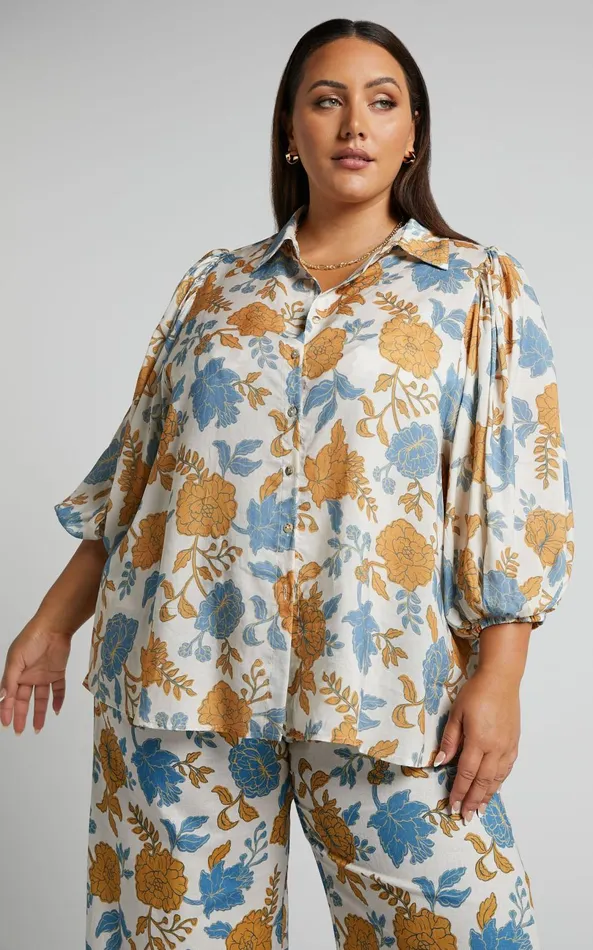 Showpo Amalie The Label 8211 Kimmella Linen Blend Puff Sleeve Shirt In Valencia Floral Women Tops