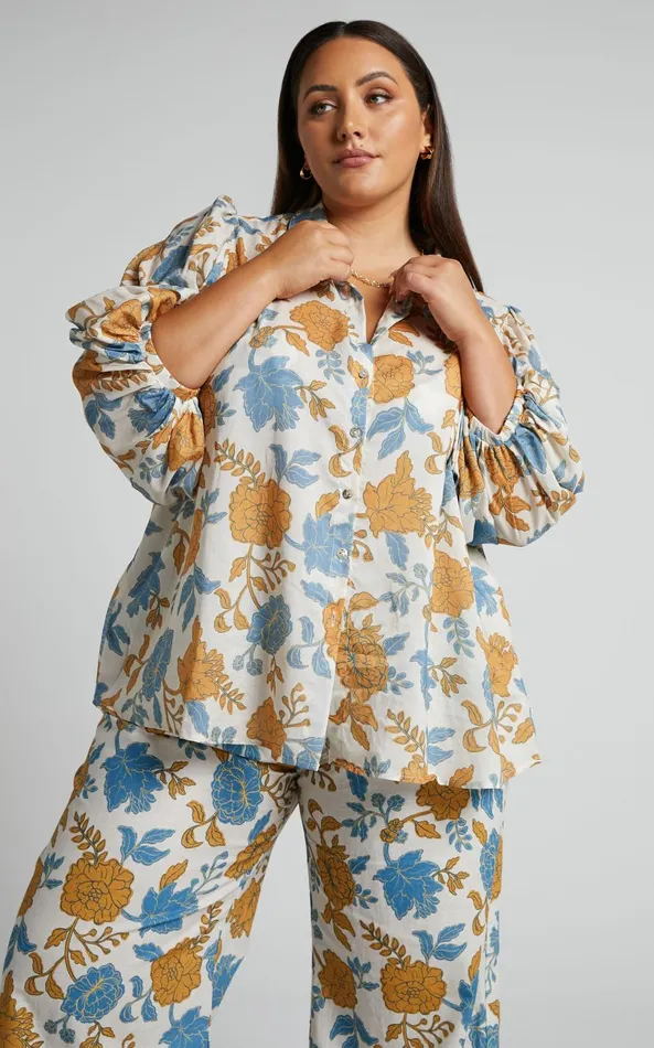 Showpo Amalie The Label 8211 Kimmella Linen Blend Puff Sleeve Shirt In Valencia Floral Women Tops
