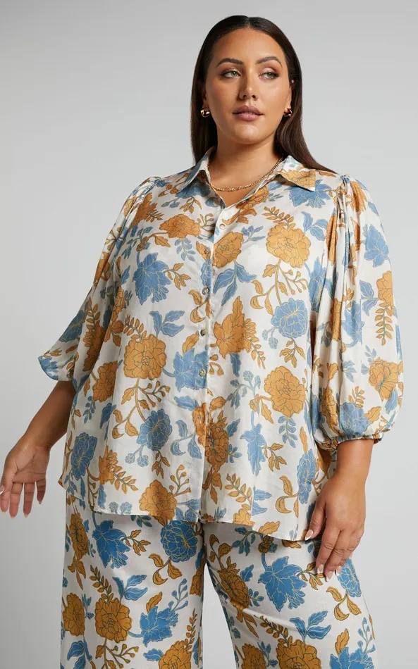 Showpo Amalie The Label 8211 Kimmella Linen Blend Puff Sleeve Shirt In Valencia Floral Women Tops