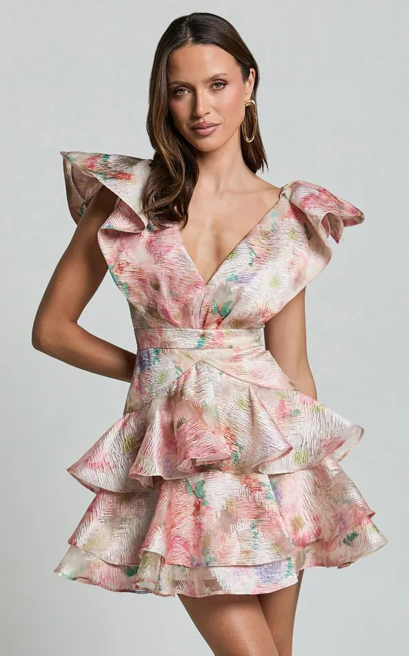 Showpo Amalie The Label 8211 Layla Jacquard Flutter Sleeve Tiered Mini Dress In Blush Women Dresses
