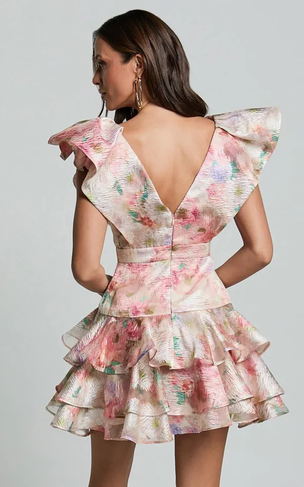 Showpo Amalie The Label 8211 Layla Jacquard Flutter Sleeve Tiered Mini Dress In Blush Women Dresses