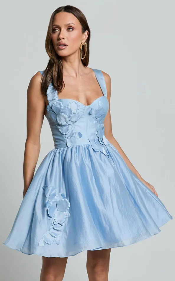 Showpo Amalie The Label 8211 Lilou Flower Detail Corset Mini Dress In Light Blue Women Dresses
