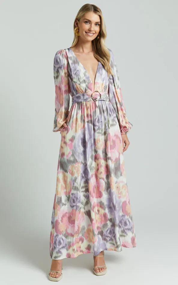 Showpo Amalie The Label 8211 Lily Linen Blend V Neck Long Puff Sleeve Tie Back Maxi Dress In Montreuil Print Women Curve Clothes