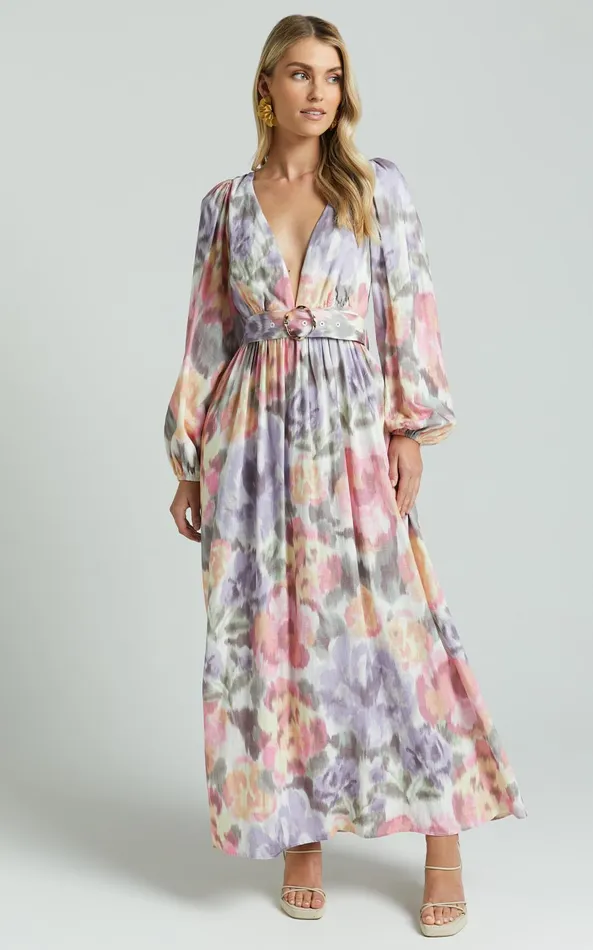 Showpo Amalie The Label 8211 Lily Linen Blend V Neck Long Puff Sleeve Tie Back Maxi Dress In Montreuil Print Women Curve Clothes