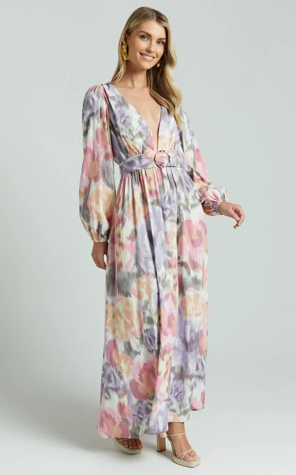 Showpo Amalie The Label 8211 Lily Linen Blend V Neck Long Puff Sleeve Tie Back Maxi Dress In Montreuil Print Women Curve Clothes