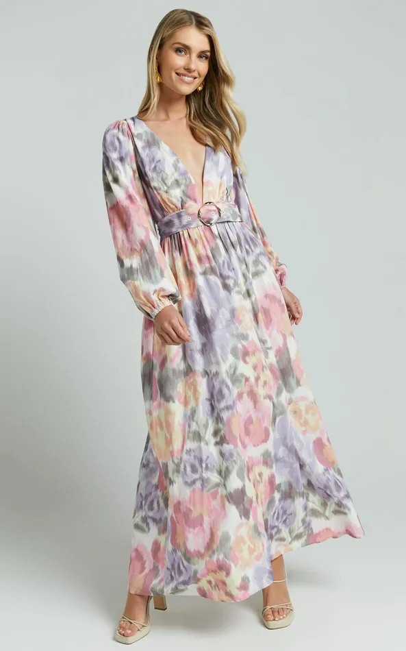 Showpo Amalie The Label 8211 Lily Linen Blend V Neck Long Puff Sleeve Tie Back Maxi Dress In Montreuil Print Women Curve Clothes