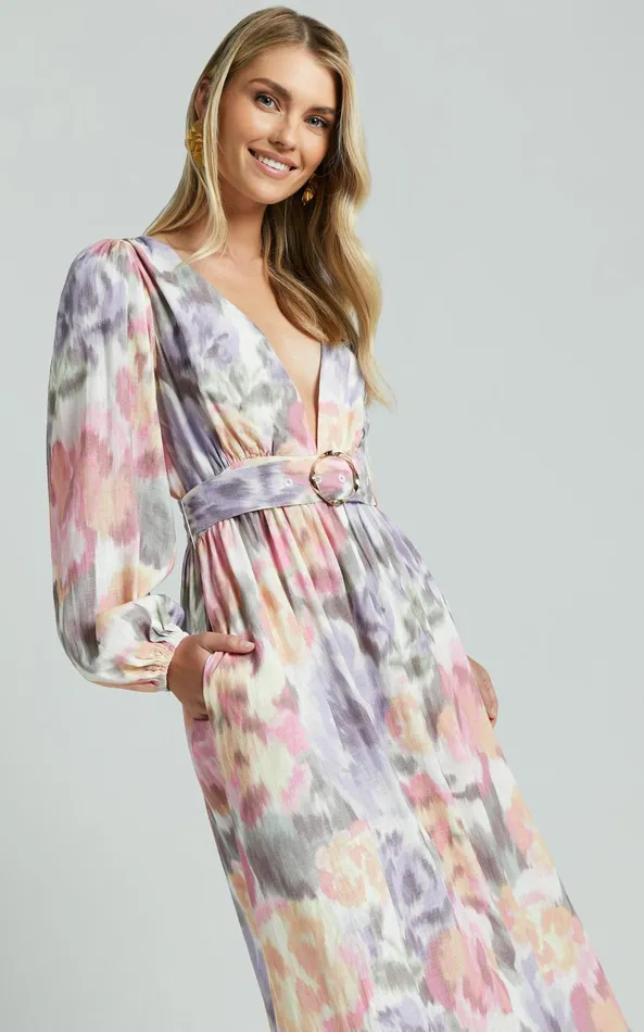 Showpo Amalie The Label 8211 Lily Linen Blend V Neck Long Puff Sleeve Tie Back Maxi Dress In Montreuil Print Women Curve Clothes