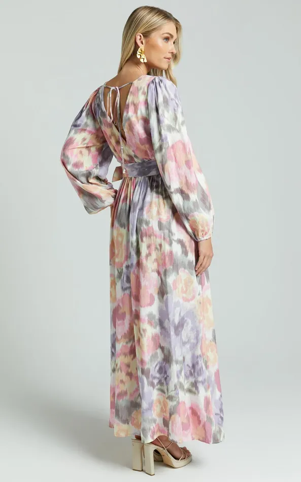 Showpo Amalie The Label 8211 Lily Linen Blend V Neck Long Puff Sleeve Tie Back Maxi Dress In Montreuil Print Women Curve Clothes