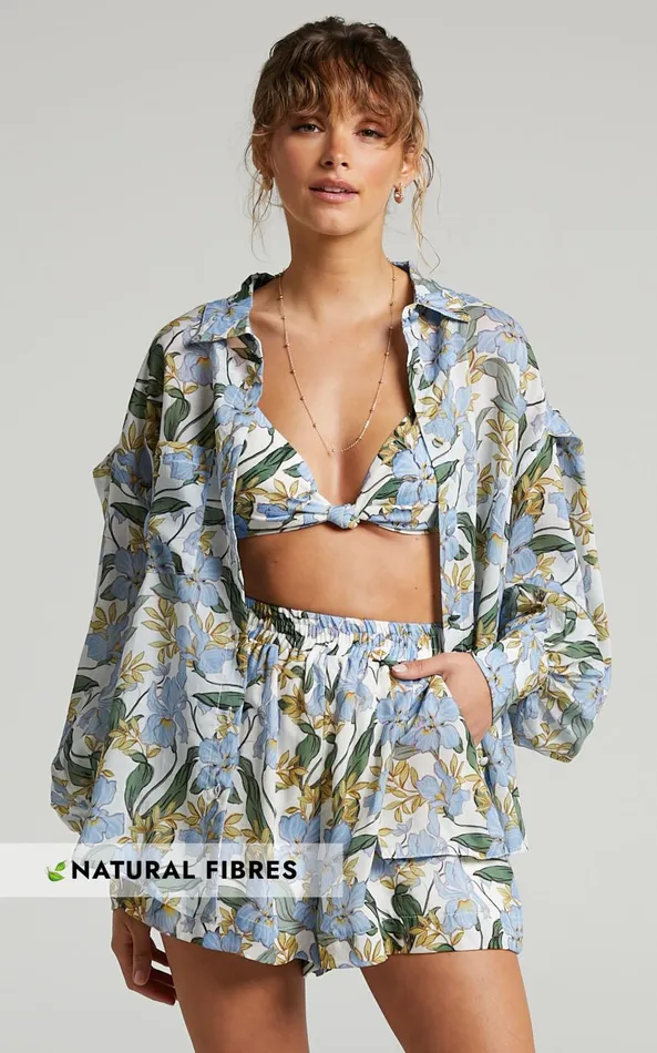Showpo Amalie The Label 8211 Linen Look Estella Elastic Waist Relaxed Shorts In Iris Floral Women Curve Clothes