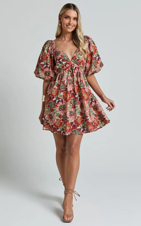 Showpo Amalie The Label 8211 Loleta Linen Blend Short Balloon Sleeve Low Back Mini Dress In Musee Print Women Dresses