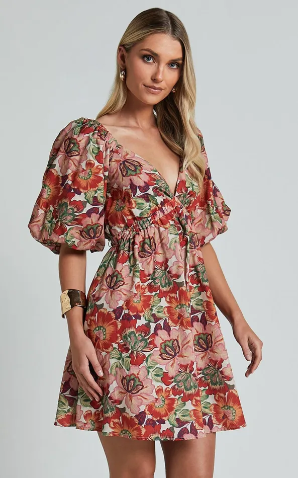 Showpo Amalie The Label 8211 Loleta Linen Blend Short Balloon Sleeve Low Back Mini Dress In Musee Print Women Dresses