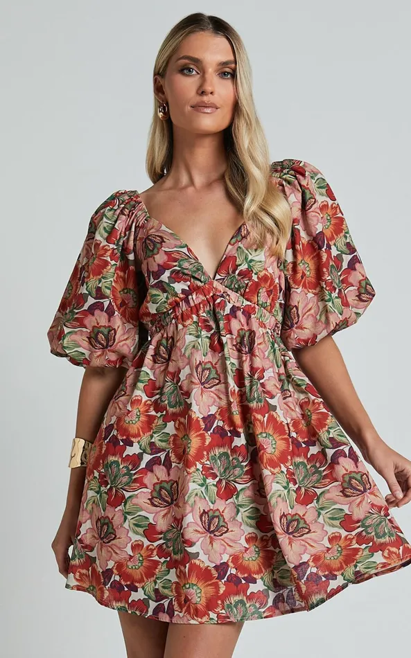 Showpo Amalie The Label 8211 Loleta Linen Blend Short Balloon Sleeve Low Back Mini Dress In Musee Print Women Dresses