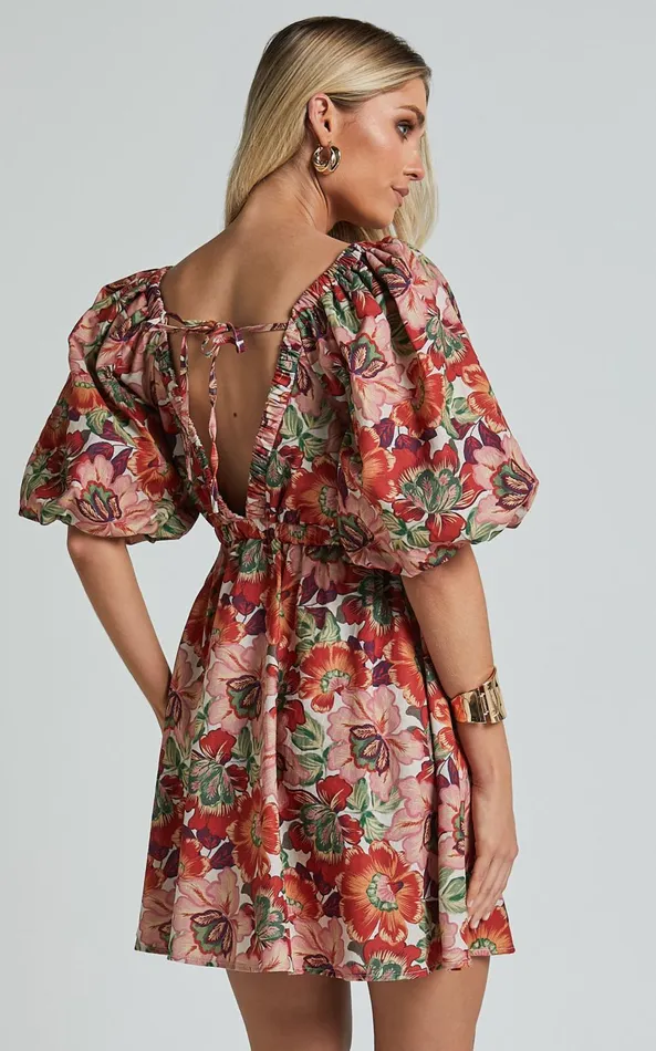 Showpo Amalie The Label 8211 Loleta Linen Blend Short Balloon Sleeve Low Back Mini Dress In Musee Print Women Dresses