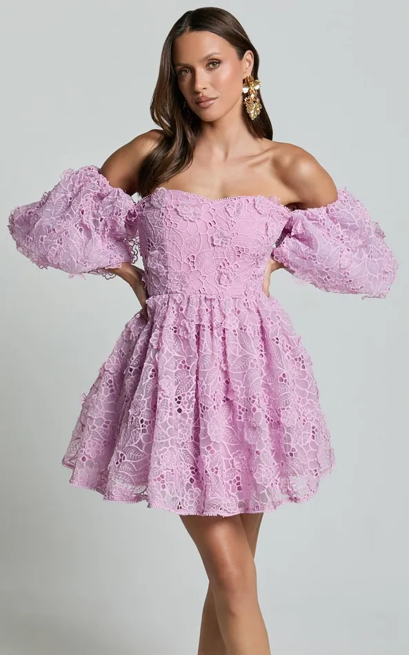 Showpo Amalie The Label 8211 Lorena Sweetheart Off Shoulder Puff Sleeve Mini Dress In Purple Women Dresses