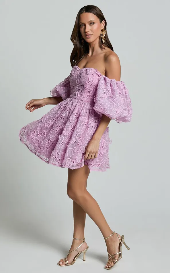 Showpo Amalie The Label 8211 Lorena Sweetheart Off Shoulder Puff Sleeve Mini Dress In Purple Women Dresses