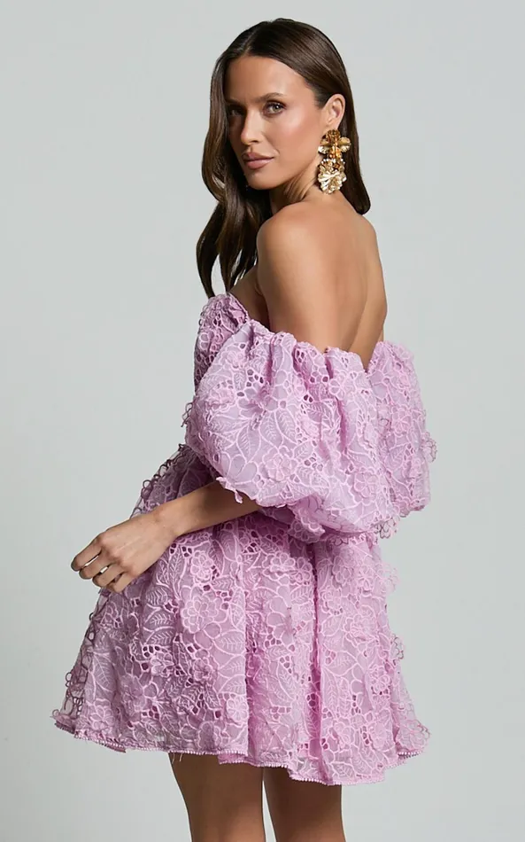 Showpo Amalie The Label 8211 Lorena Sweetheart Off Shoulder Puff Sleeve Mini Dress In Purple Women Dresses