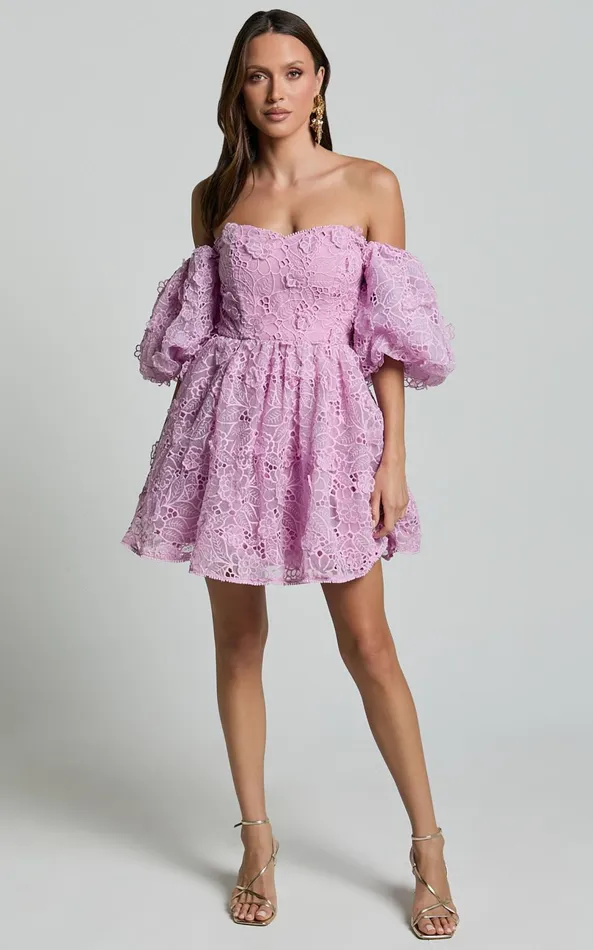 Showpo Amalie The Label 8211 Lorena Sweetheart Off Shoulder Puff Sleeve Mini Dress In Purple Women Dresses