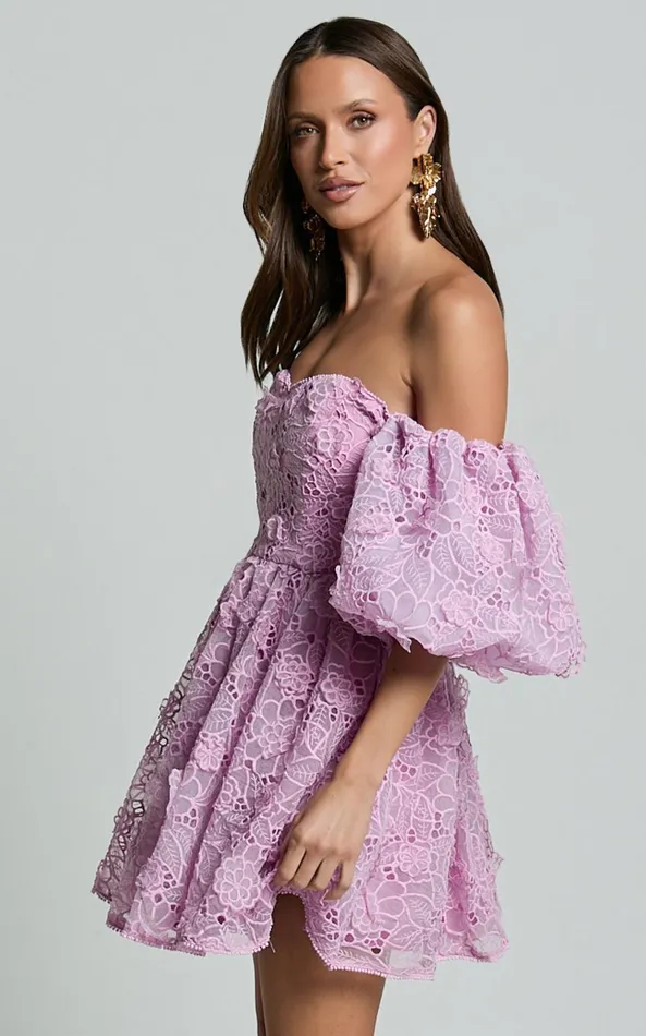 Showpo Amalie The Label 8211 Lorena Sweetheart Off Shoulder Puff Sleeve Mini Dress In Purple Women Dresses