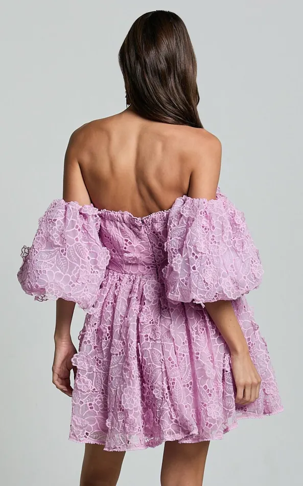 Showpo Amalie The Label 8211 Lorena Sweetheart Off Shoulder Puff Sleeve Mini Dress In Purple Women Dresses