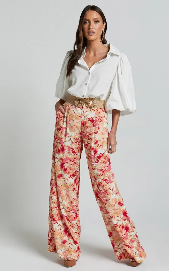 Showpo Amalie The Label 8211 Lorete Linen Blend High Rise Wide Leg Pants In Sienna Print Women Pants