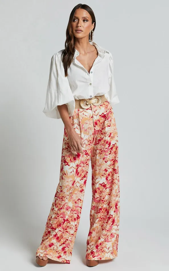 Showpo Amalie The Label 8211 Lorete Linen Blend High Rise Wide Leg Pants In Sienna Print Women Pants