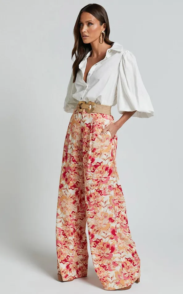 Showpo Amalie The Label 8211 Lorete Linen Blend High Rise Wide Leg Pants In Sienna Print Women Pants