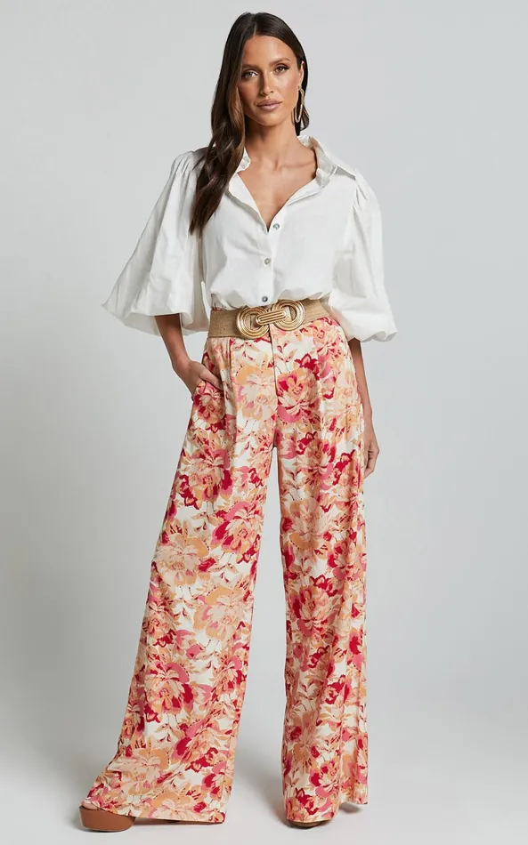 Showpo Amalie The Label 8211 Lorete Linen Blend High Rise Wide Leg Pants In Sienna Print Women Pants