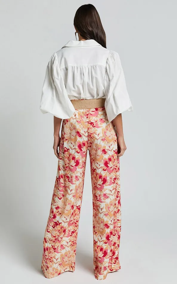 Showpo Amalie The Label 8211 Lorete Linen Blend High Rise Wide Leg Pants In Sienna Print Women Pants