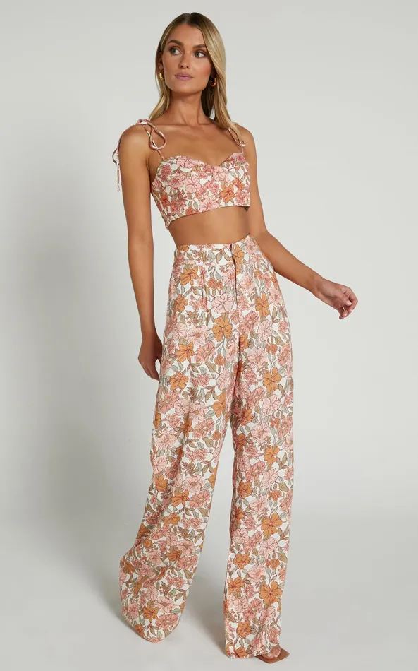 Showpo Amalie The Label 8211 Lorete Linen Blend High Rise Wide Leg Pants In Wildflower Floral Women Curve Clothes