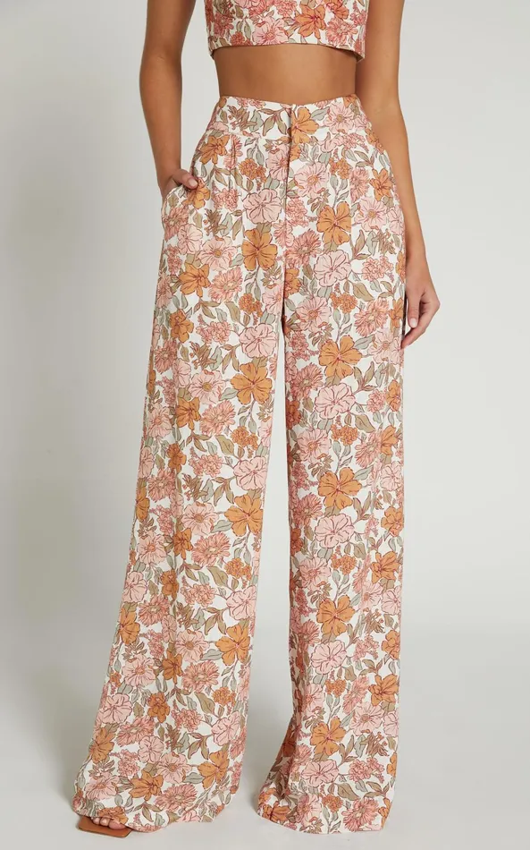 Showpo Amalie The Label 8211 Lorete Linen Blend High Rise Wide Leg Pants In Wildflower Floral Women Curve Clothes