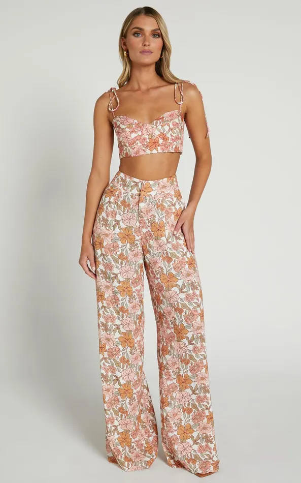 Showpo Amalie The Label 8211 Lorete Linen Blend High Rise Wide Leg Pants In Wildflower Floral Women Curve Clothes