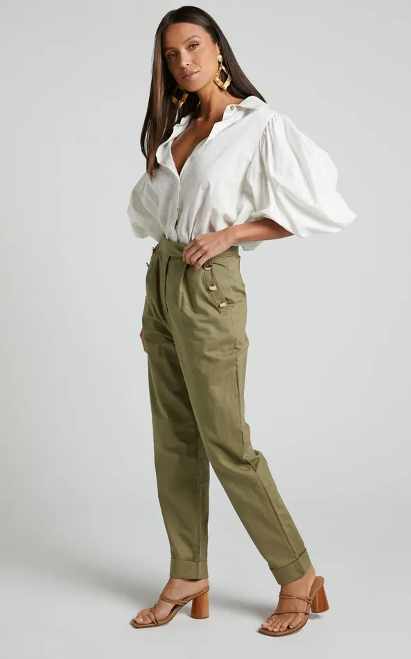 Showpo Amalie The Label 8211 Mael Linen Blend High Waisted Tapered Pants In Khaki Women Pants